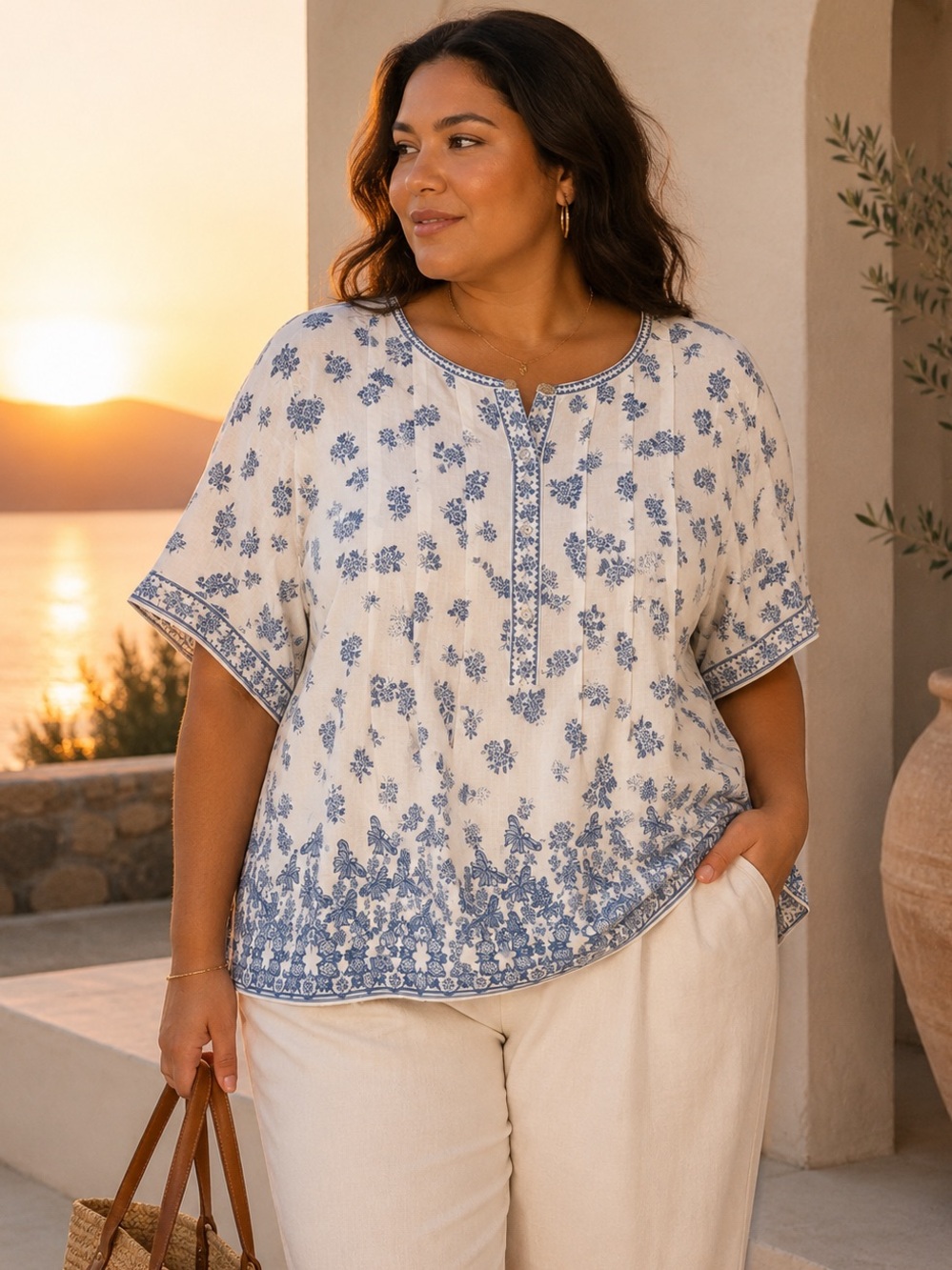 Max Studio London Floral Blouse White Blue 1X Boho Cottagecore Summer Top